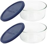 Pyrex Storage 4-Cup Round Dish with Dark Blue Plastic Cover, Clear (Pack of 2 Containers)