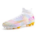 Juioguae Mens Football Boots with Cleats,Light-Weight Football Shoes Boys,Unisex Football Trainers Kids,White,5UK
