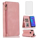 Compatible with Huawei Y6 2019/Y6 Prime 2019/Y6s/Honor Play 8A/Honor8A Wallet Case Tempered Glass Screen Protector Zipper Leather Flip Cover Card Holder Phone Cases for Hawaii 6Y Pro Women Rose Gold