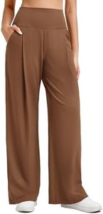G4Free Yoga Pants Women with Pockets High Waisted Flowy Wide Leg Casual Pants Loose Light Stretch Pleated Trousers(Dark Coffee,XL,30")