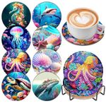 8 Pcs Diamond Painting Coasters with Holder, Diamond Art Car Cup Coaster 5D DIY Ocean life Painting Glass Art Coasters Kits Round Full Drill Diamond Art Craft Supplies for Adults Kids,Beginners