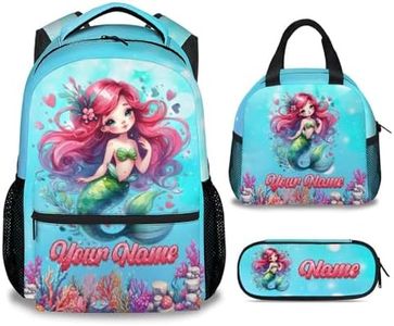 Mercuryelf Personalized Mermaid Backpack for Girls 3PCS Kids Backpack Set with Lunch Bag & Pencil Case, 17 Inch School Bookbag for Elementary Kindergarten