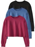 Cosy Pyro 3-Pack Womens Long Sleeve Crop Tops Athletic Casual Cropped Cotton Workout Sweatshirt with Thumb Hole Black/Navy/Wine S