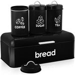 E-far Black Bread Box for Kitchen Counter, Vintage Bread Storage Container with 3 Matching Coffee Tea Sugar Canisters, Metal Bread Bin for Loaves, Muffins, Dry Food (16.7” x 9” x 6.4”)