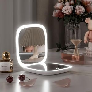 Hasipu Travel Mirror with Lights, Rechargeable Pocket Mirror, 1X/10X 2-Side Magnification Makeup Mirror, 3 Modes Light & Dimmable Compact Mirror, Portable, Handheld Mirror for Gift