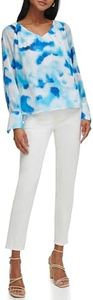 Calvin Klein Women's Printed Crinkle Neck Long Sleeve Blouse Top, Cerulean/White, Large