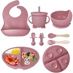 Hoidokly Silicone Baby Feeding Set 8 Pcs, Baby Led Weaning Feeding Supplies for Toddlers Weaning Set with Suction Baby Bowl, Adjustable Bib, Plate, Cup, Fork, Spoon, 6+ Months BPA Free(DeepPink)