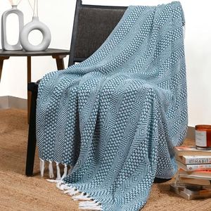 RAJRANG BRINGING RAJASTHAN TO YOU Manta de Lanzamiento rústico primitivo con Borla Decorativa - Geométrico Tejido Tejido de Patio Suave y cómoda - Azul Verde Azulado - 50 x 60 Pulgadas