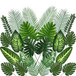 QAQGEAR 24Pcs 10 Kinds Artificial Palm Leaves Tropical Plant Faux Leaves Artificial Leaves with Faux Stems for Hawaiian Luau Aloha Jungle Beach Birthday Theme Party Table BBQ Decorations