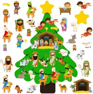 Fjoron Christmas Tree for Kids Toddlers, DIY Felt Nativity Christmas Tree with 27 Pcs Detachable Ornaments Kids Wall Hanging New Year Xmas Gifts Christmas Party Home Decorations