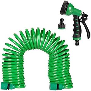 Tubo da Giardino con Doccia, Allungabile, Flessibile Fino a 10 m, a Spirale, 7 Tipi di Getto, Tubo per l'Acqua, Verde