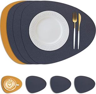 Neween Placemats and Coaster Set of 4, Oval PU Leather Placemats Non-Slip Wipeable Waterproof Table Mats, Double-Sided Heat Resistant Kitchen Dining Table Placemats for Hotel Restaurant (Blue-Yellow)