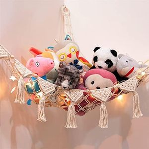 Toy Hammock Stuffed Animal Hammock With LED Light and 6 Hooks Toy Organizers And Storage,White Stuffed Animal Holder(142x106x106cm)