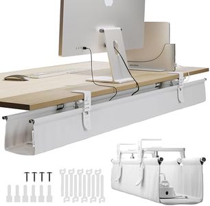 Ascrono Original No Drill Under Desk Cable Management Tray 53.9" - Premium White Fabric Cable Management Under Desk - Clamp/Screw Mount Cord Organizer - Supports Upto 66lbs - Extra Large