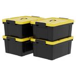 Cetomo 40Qt*4 Plastic Storage Bins, Tote Storage Box with Handle, Stackable, Black and Yellow, 40Quart-4 Pack