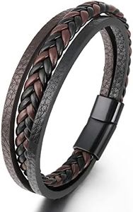 Mens Multilayer Braised Leather Bracelet Magnetic Stainless Steel Clasp Black Brown(19,Brown)