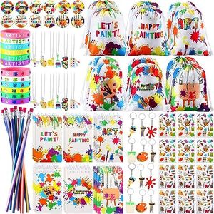 Jenaai 102 Pcs Art Paint Party Favor Supplies Set Includes 12 Drawstring Backpacks 12 Silicone Bracelets 12 Badges 12 Keychains 18 Spiral Notepads 12 Bendable Pencils 12 Stickers and 12 Necklaces