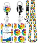 Toykee ID Badge Holder with Lanyard and Retractable Badge Reel Clip, Boho Smile Face Sunflower Card Name Tag Lanyard Vertical ID Protector Bage Clips for Nurse Nursing Doctor Teacher Student