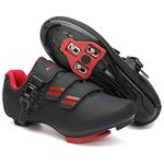 Mens Womens Cycling Shoes Compatible with Pelaton Bike Shoes Road Bike Shoes Riding Bicycle Pre-installed with Delta Cleats Clip Indoor Outdoor Pedal, Black/Red, 14 Women/11 Men