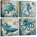 Wall Decor Bathroom Canvas Art for Living Room Home Decorations Kitchen Teal Ocean Sea Turtle Horse Octopus Pictures Poster Nautical Beach Theme Watercolor Paintings Bedroom Framed Set 4 Piece 12x12"