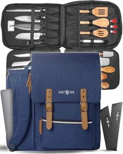Chef Sac Chef Knife Bag Vintage Backpack | 30+ Pockets for Knives and Chef Tools | Knife Carrying Case with Hidden Back Pocket for Tablet | Sturdy Knife Bag for Chefs & Culinary Work (Heather Blue)