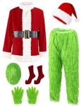 Earado Christmas Green Big Monster Santa Costume for Men 7 PCS Deluxe Furry Adult Suit Xmas Holiday Outfit Set Include Mask L