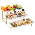 Lifewit 3 Tiered Plastic Serving Tray for Party Entertaining, 36×17cm Serving Food Display Platters, Reusable Trays with Collapsible Stable Metal Stand for Veggie, Fruit, Cookies, Dessert, Gold