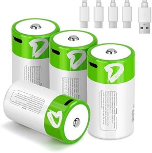 D Batteries 4 Pack, Rechargeable D Cell Batteries with USB-C Charging Cable, 1.5V LR20 Lithium Ion Battery D Size 7500mWh for Flashlights, Lanterns, Remote Controls, Radios, Fans, Toys, Clocks