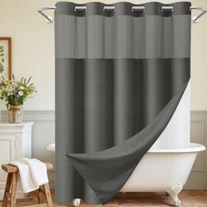 WONICY Extra Long No Hook Shower Curtain with Snap in Liner, Polyester Textured Shower Curtain with Liner Set, Waterproof Washable Hotel Style Shower Curtains for Bathroom, 71Wx86H, Charcoal Grey