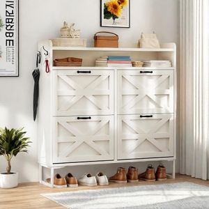 YITAHOME Farmhouse Shoe Storage Cabinet for 24 Pairs with 4 Flip Drawers, Freestanding Shoe Organizer for Entryway, Narrow Slim Shoe Rack Cabinet for Living Room, Hallway (White)