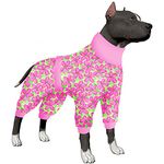 LovinPet Pitbull Pet Outfit, Post Surgery Recovery Pajamas for Dogs, Reflective Stripe, Full Coverage Dog Onesie, Breathable & Stretchy Fabric, Pink Daisy Print, Pajamas for Big Dogs,Pink/Green L