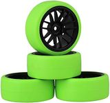 Mxfans Black Plastic 14 Spoke Wheel Rims and Green Drift Smooth Tyres for RC 1:10 On Road Racing Car Set of 4