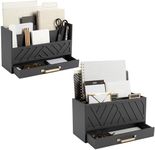 BLU MONACO Grey Wooden Desk Organizer with Drawer and Gold Handle 2 Piece Set - File Folder Organizer and Desktop Mail Organizer - Office Supplies