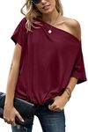 AOISAGULA Women's Off Shoulder T Shirt Short Sleeves Tops Loose Tunics Blouse Twist Knotted Casual Summer Tee Burgundy XL