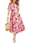 STYLEWORD Women Summer Dress Floral Short Sleeve Ladies Casual Swing Midi Dress with Pockets(Floral14,X-Large)