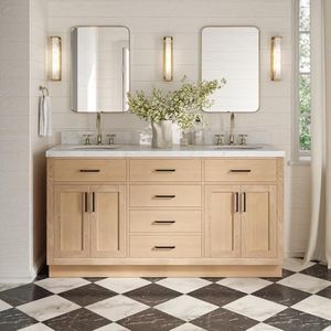ARIEL Hepburn 66-inch Bathroom Vanity with Sink,Solid Wood, 1.5-inch Carrara White Quartz Countertop & Backsplash, Double Oval Porcelain Sink, 4 Soft Closing Doors, 6 Dovetail Drawers, White Oak