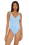 Becca by Rebecca Virtue Women's Standard Color Prism High Leg One Piece Swimsuit-Scoop Neck, Open Back Design, Bathing Suits, Blue, Small