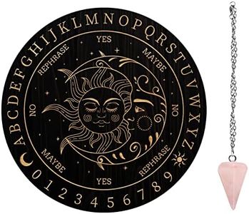 AHANDMAKER Tabla de Péndulo de Bruja, Metafísica de Adivinación Radiestesia Tabla de Madera Tallada con Cristal Collar Tabla de Péndulo Redondo Kit Suministros de Altar, Sol Luna