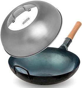 YOSUKATA Blue Round Bottom Wok Pan – 14" Woks and Stir Fry Pans + Wok Lid 13.6 Inch - Premium Stainless Griddle Dome with Tempered Glass Insert Steam Holes