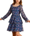 GRACE KARIN Girls Floral Dress Summer Spring Flowy Ruffle Casual Midi Dress Long Sleeve Fall Dress Blue 10-12 Years