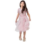 Maya Deluxe Girl's Midi Dress for Wedding with Sequin Embellishment Short Sleeve Prom Birthday Party Bridesmaid, Frosted Pink, 5-6 Years