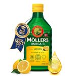 Moller’s ® | Omega 3 Cod Liver Oil | Omega-3 Dietary Supplements with EPA, DHA, Vitamin A, D and E | Superior Taste Award | Pure & Natural cod Liver Oil | Lemon | 250 ml