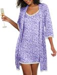 Ekouaer Women's Nightgown and Robe Set 3/4 Sleeves Robes 2 Piece Bathrobe Set V-neck Lace Cami Sleepwear with Pockets Blue And Purple Abstract Dots XX-Large