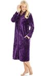 Camille Women's Super Soft Fleece Housecoat - Diamond Emboss Luxury Zip Up Bathrobe - Long Sleeved and Side Pockets Purple 14-16