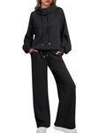 AUTOMET Lounge Sets for Women Sweatsuits 2 Piece Outfits 2024 Fall Drawstring Sweatshirt Wide Leg Sweatpants Tracksuit, Black, Small