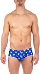 Gary Majdell Sport Mens Hot Prints Hipster Bikini Swimsuit with Contour Pouch (Royal Stars, X-Large)