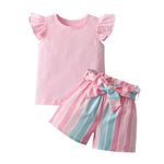 3PCS Toddler Infant Baby Girls Summer Outfits Set Sleeveless Solid T-Shirt Tops Colored Stripes Shorts Waist Belt 2-3T Pink