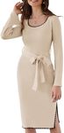 CURLBIUTY Winter Sweater Dress with Belt Formal Special Occasion Dress Contrast Colour Knitted Dress Beige M Size 12