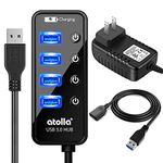 Atolla 204U3 4-Ports, 1 Data Transfer USB 3.0 Hub with 15W (5V/3A) Power Supply Adapter and 3.3-Feet USB Extension Cable (Black)