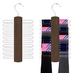 2 Piece Wooden Tie Hanger, Swivel Tie Racks, Tie Belt Rack, with 20 Metal Partitions and 360 Degree Rotating Clothes Hook, for Hanging Belts, Tie, Scarves, Neckties and More (Walnut Color)